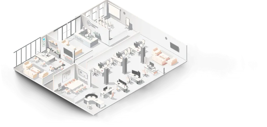 Planta isométrica de uma empresa com recepção, salas de reunião e estações de trabalho